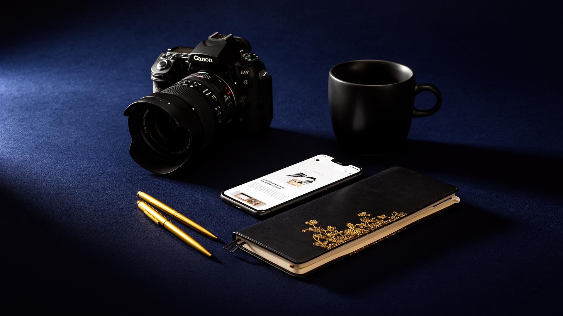 LUCE Creative Studio – kamera, notesz, laptop éjkék háttéren